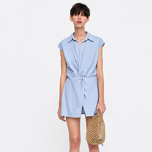 Casual Linen And Cotton Light Blue Shirt Jumpsuit