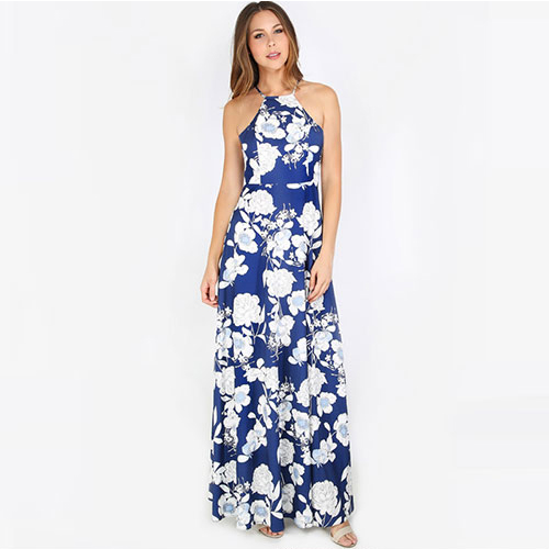 2018 New Halterneck Floral Print Maxi Dress