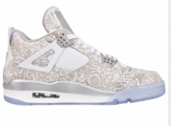 Nike Mens Air Jordan 4 Retro Laser White/Chrome-Metallic Silver Leather Size 13 Basketball Shoes