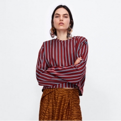 2018 Vertical Stripes Cropped Sweatshirt With Puffed Shoulers