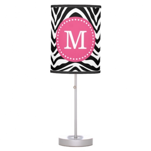 Black and Pink Zebra Print Custom Monogram Desk Lamp