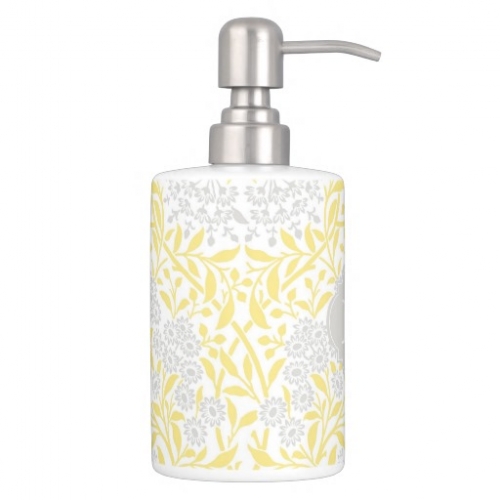 Monogrammed Yellow Gray Floral Damask Pattern Toothbrush Holder