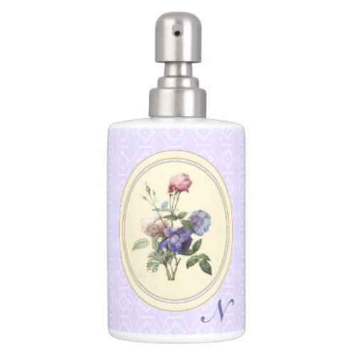 Monogrammed Vintage Pink Roses and Purple Flowers Toothbrush Holder