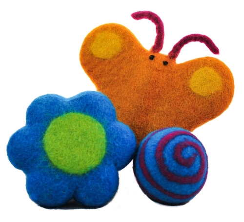 Handmade Felt Dog Toys Good for Dental Health - Fair Trade From Nepal & All Natural 100% Pet Safe - Flower, Butterfly Or Ball