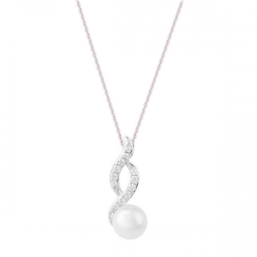 Silver Fresh Water Pearl and Cubic Zirconia Swoop Pendant