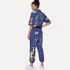 2018 Hot Graffiti Print Shirt Detail Jumpsuit