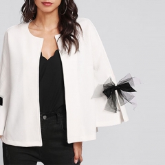 Hot Bow Slit Bell Sleeve Textured Blazer