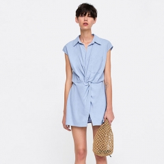 Casual Linen And Cotton Light Blue Shirt Jumpsuit