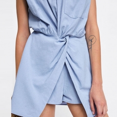 Casual Linen And Cotton Light Blue Shirt Jumpsuit