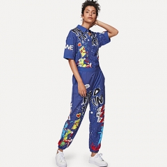 2018 Hot Graffiti Print Shirt Detail Jumpsuit