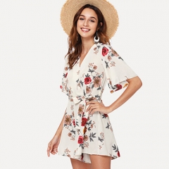 2018 Hot Self Tie Floral Print Wrap Jumpsuit