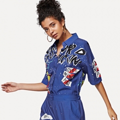 2018 Hot Graffiti Print Shirt Detail Jumpsuit