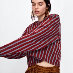 2018 Vertical Stripes Cropped Sweatshirt With Puffed Shoulers