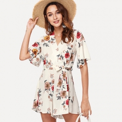 2018 Hot Self Tie Floral Print Wrap Jumpsuit