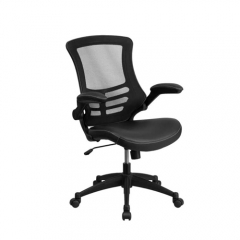 Flash Furniture BL-X-5M-LEA-GG Mid-Back Black Mesh and Leather Office Chair with Flip-Up Arms and Nylon Base