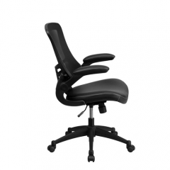 Flash Furniture BL-X-5M-LEA-GG Mid-Back Black Mesh and Leather Office Chair with Flip-Up Arms and Nylon Base