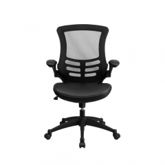 Flash Furniture BL-X-5M-LEA-GG Mid-Back Black Mesh and Leather Office Chair with Flip-Up Arms and Nylon Base