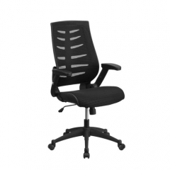 Flash Furniture BL-ZP-809-BK-GG High-Back Black Mesh Office Chair with Designer Fabric Seat, Flip-Up Arms, and Nylon Base